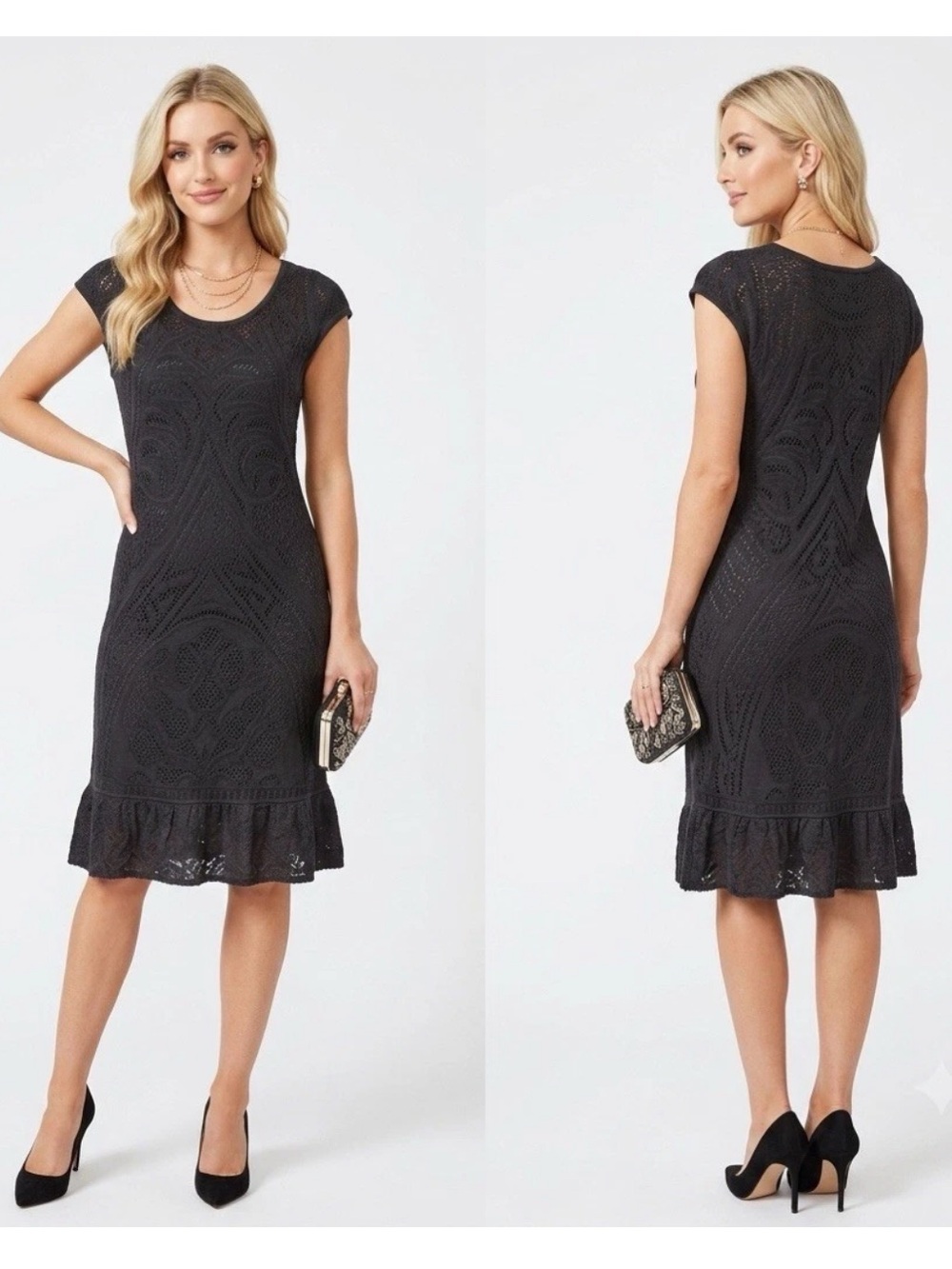 Peruvian Connection Black Sheath Dress Medium Lace Alpaca Ruffle Hem Cap Sleeve